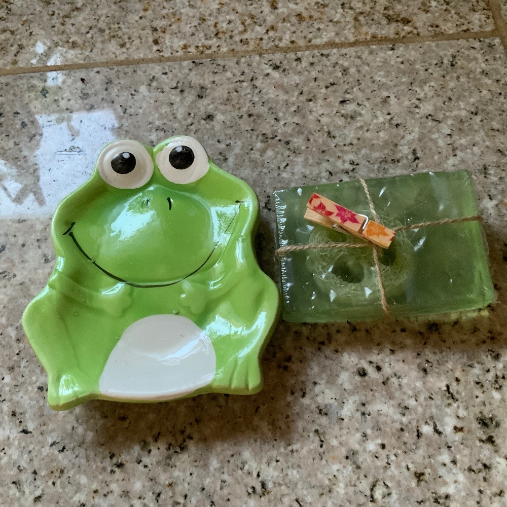 Handmade Rosemary Loofah Mint Soap & Frog Dish